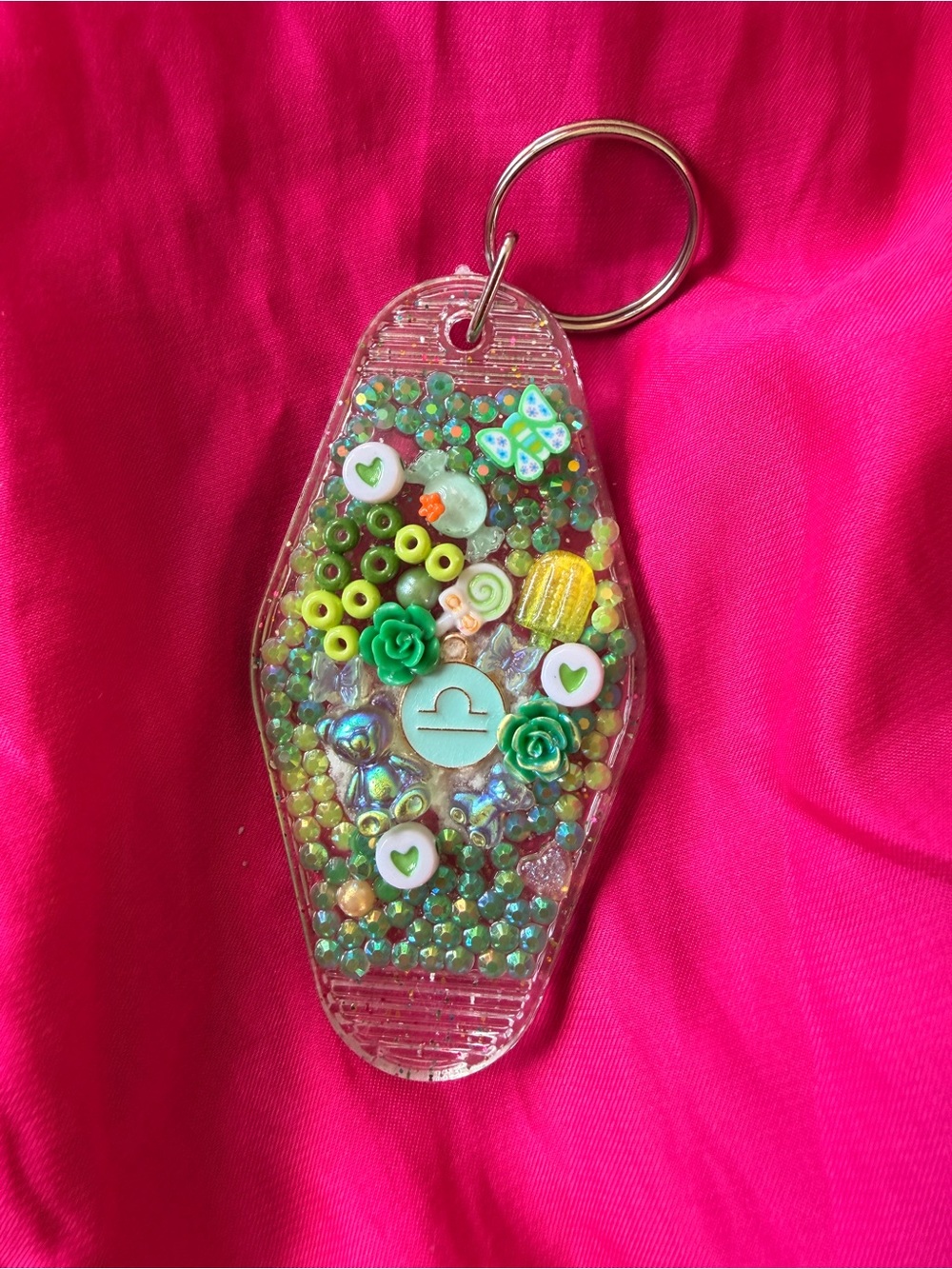 Clear Green Beaded Phone Keychain with Libra Zodiac Charm